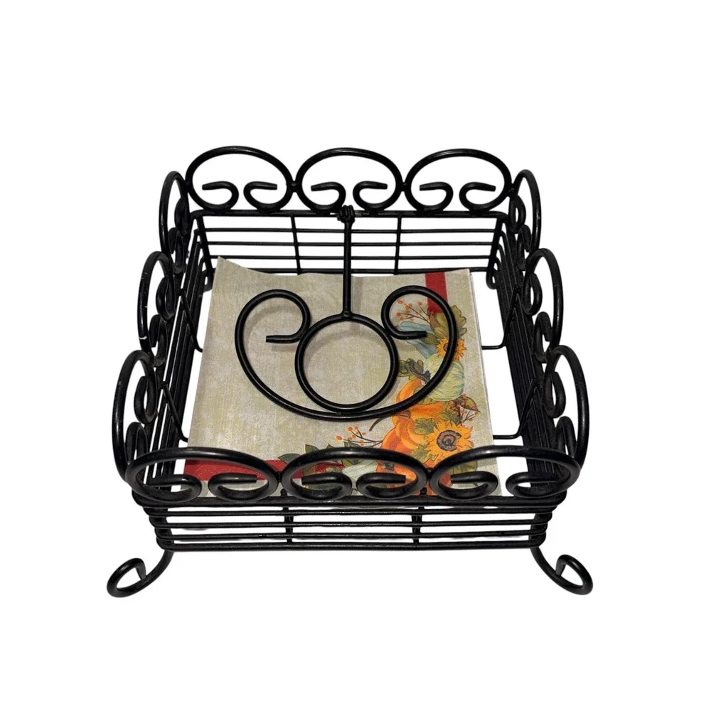Black Wrought Iron Napkin Holder Square Scrollwork Metal Weighted Arm Farmhouse